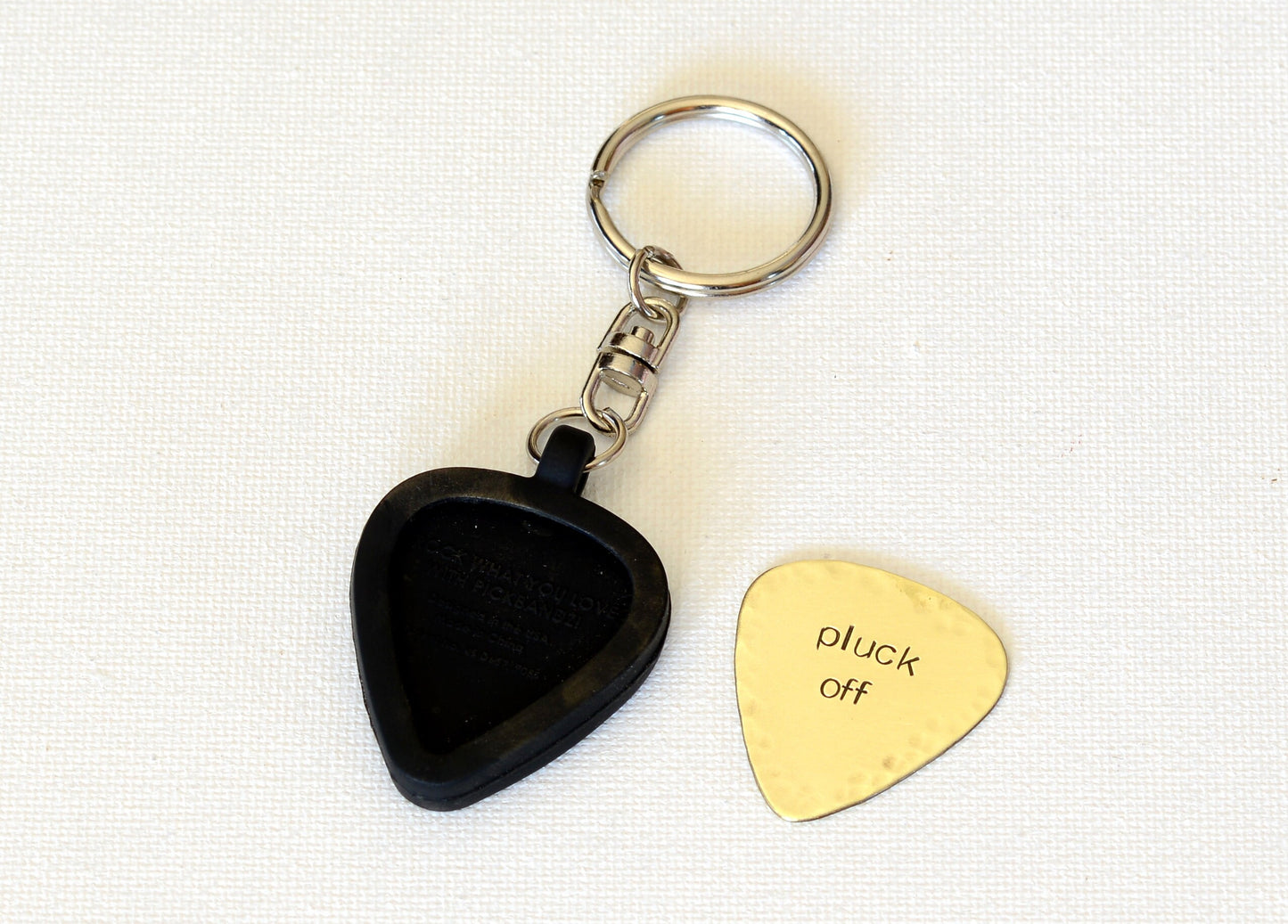 Brass Guitar Pick Keychain with Rubber Pick holder