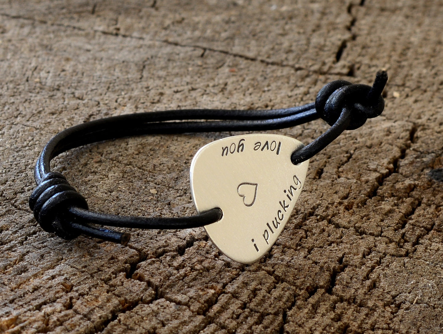 I Plucking Love You on a Sterling Silver Guitar Pick Bracelet with Leather Band