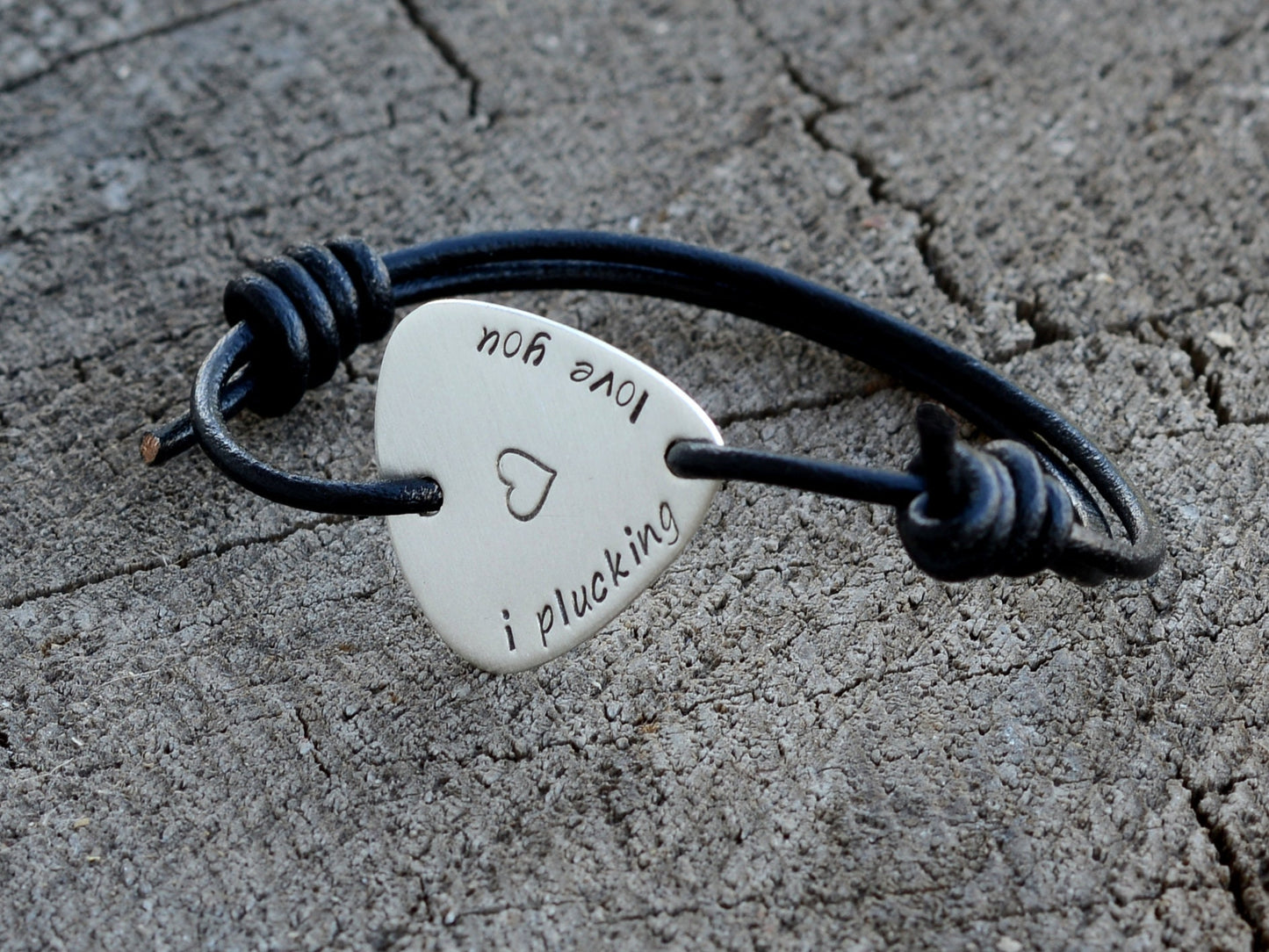 I Plucking Love You on a Sterling Silver Guitar Pick Bracelet with Leather Band
