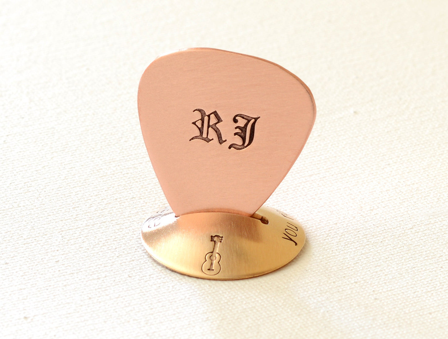 Copper guitar pick with Old English Initials or a Name