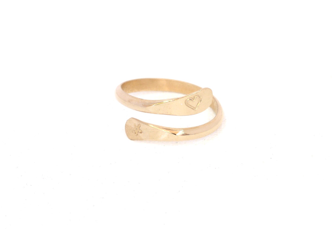14k solid Gold Wrap Ring with Forged Ends and Engraved Symbols aka Twist Ring, Bypass Ring