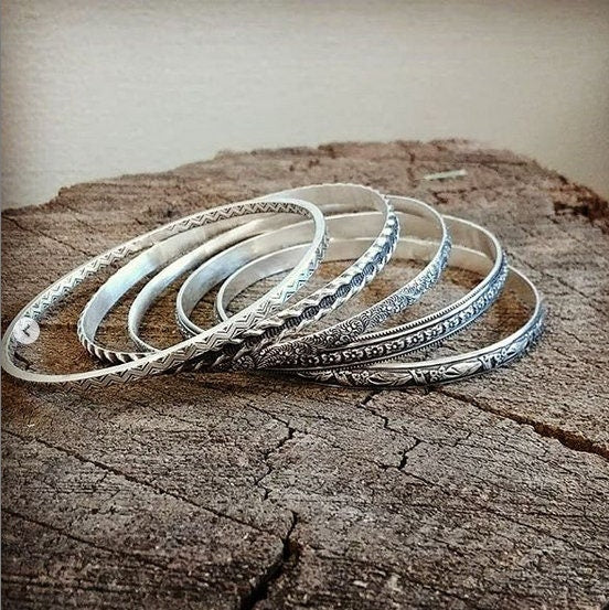 Stacking Bangle Set in Sterling Silver with floral patterning