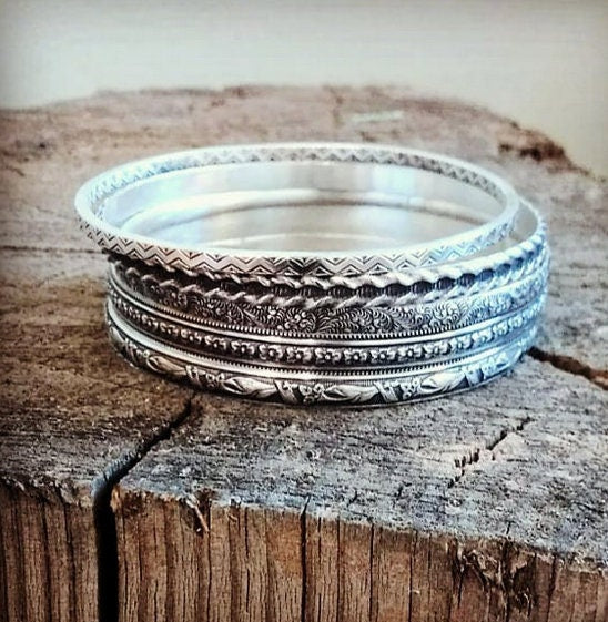 Stacking Bangle Set in Sterling Silver with floral patterning
