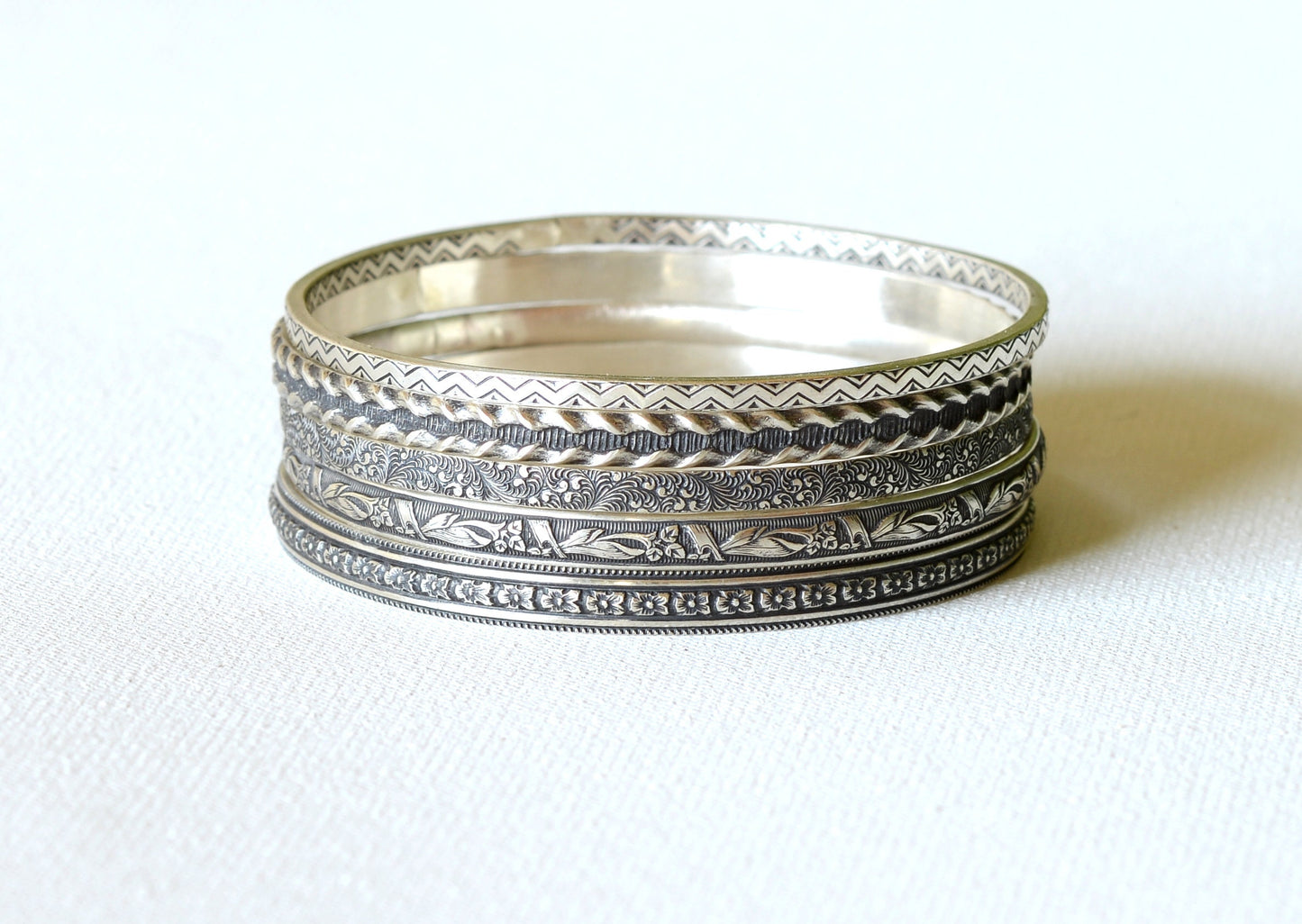 Stacking Bangle Set in Sterling Silver with floral patterning