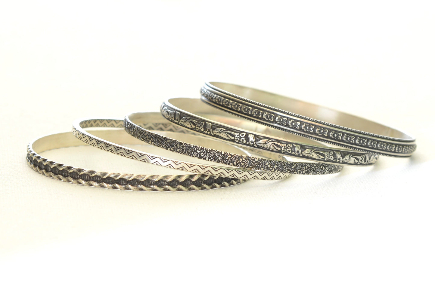 Stacking Bangle Set in Sterling Silver with floral patterning