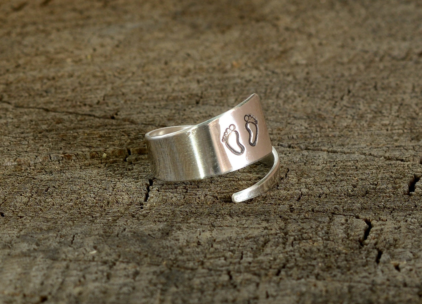 Baby Feet on Sterling Silver Wrap Ring - Bypass Ring for New Moms and Baby Showers