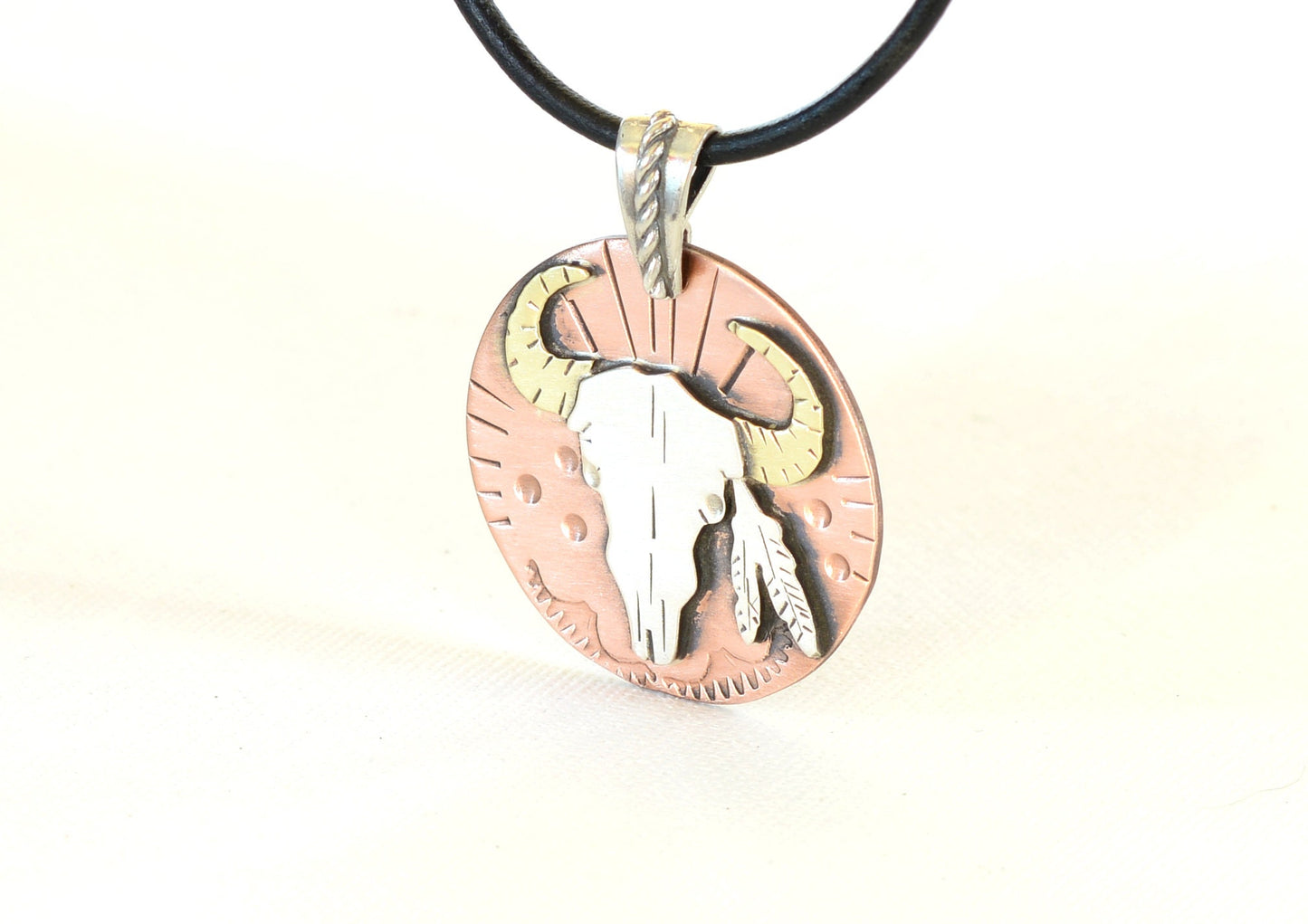 Cowboy or Cowgirl themed with Feathers and Bullhead Necklace in Copper Sterling Silver and Brass