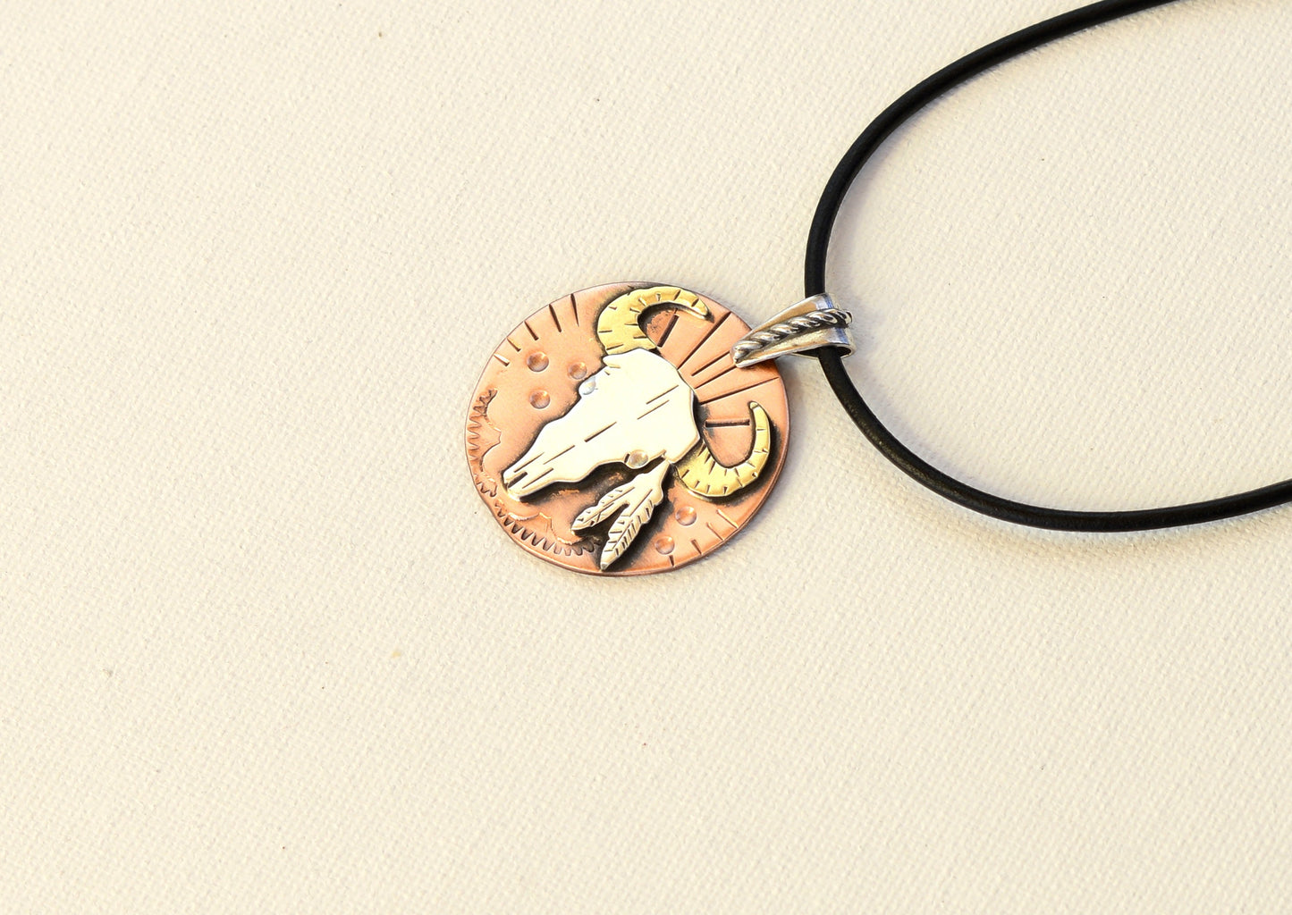 Cowboy or Cowgirl themed with Feathers and Bullhead Necklace in Copper Sterling Silver and Brass