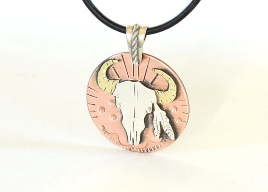 Cowboy or Cowgirl themed with Feathers and Bullhead Necklace in Copper Sterling Silver and Brass