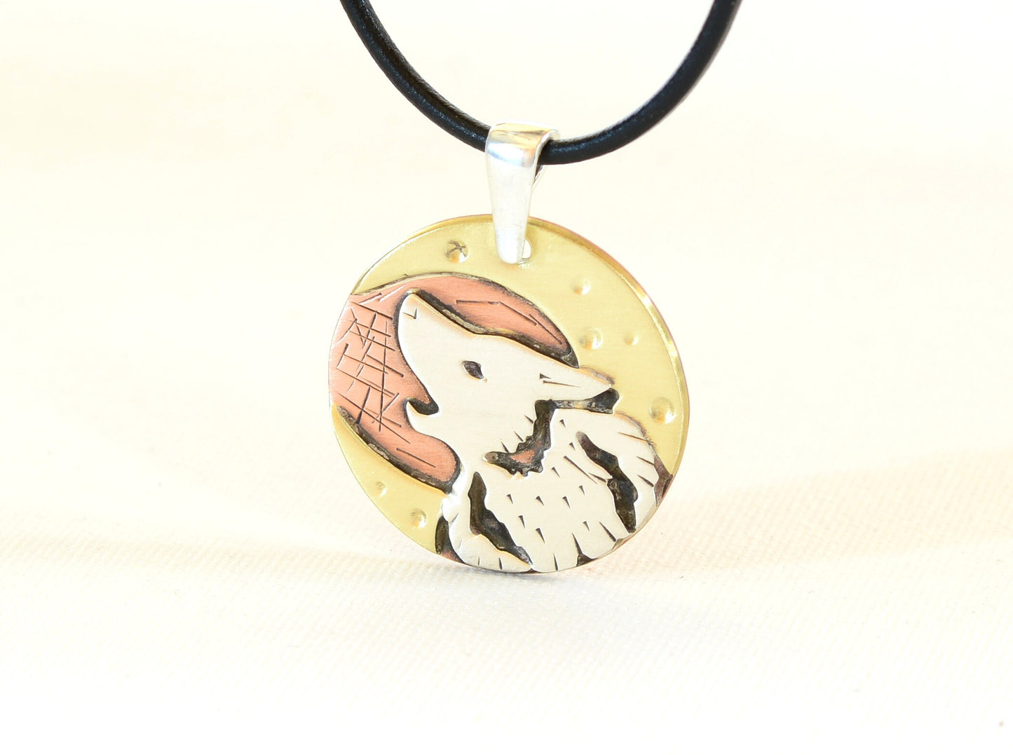 Sterling Silver Howling Wolf under the Moon Necklace