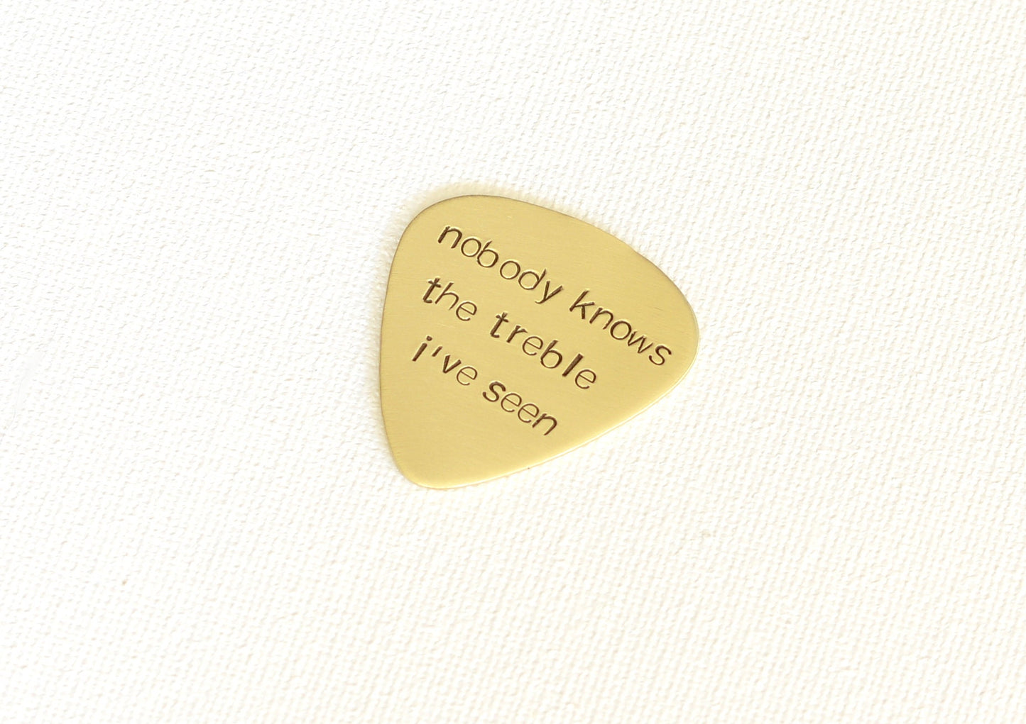 Guitar Pick stamped with Nobody knows the Treble I’ve seen