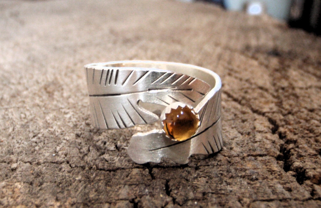 Sterling silver wide feather ring with Citrine birthstone