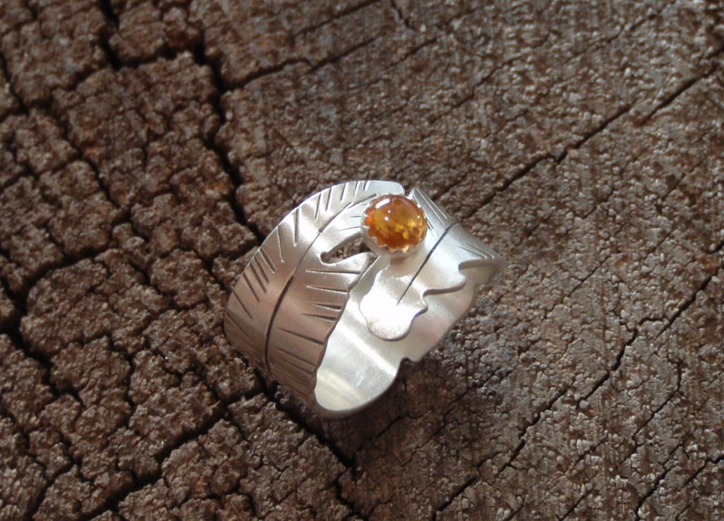 Sterling silver wide feather ring with Citrine birthstone
