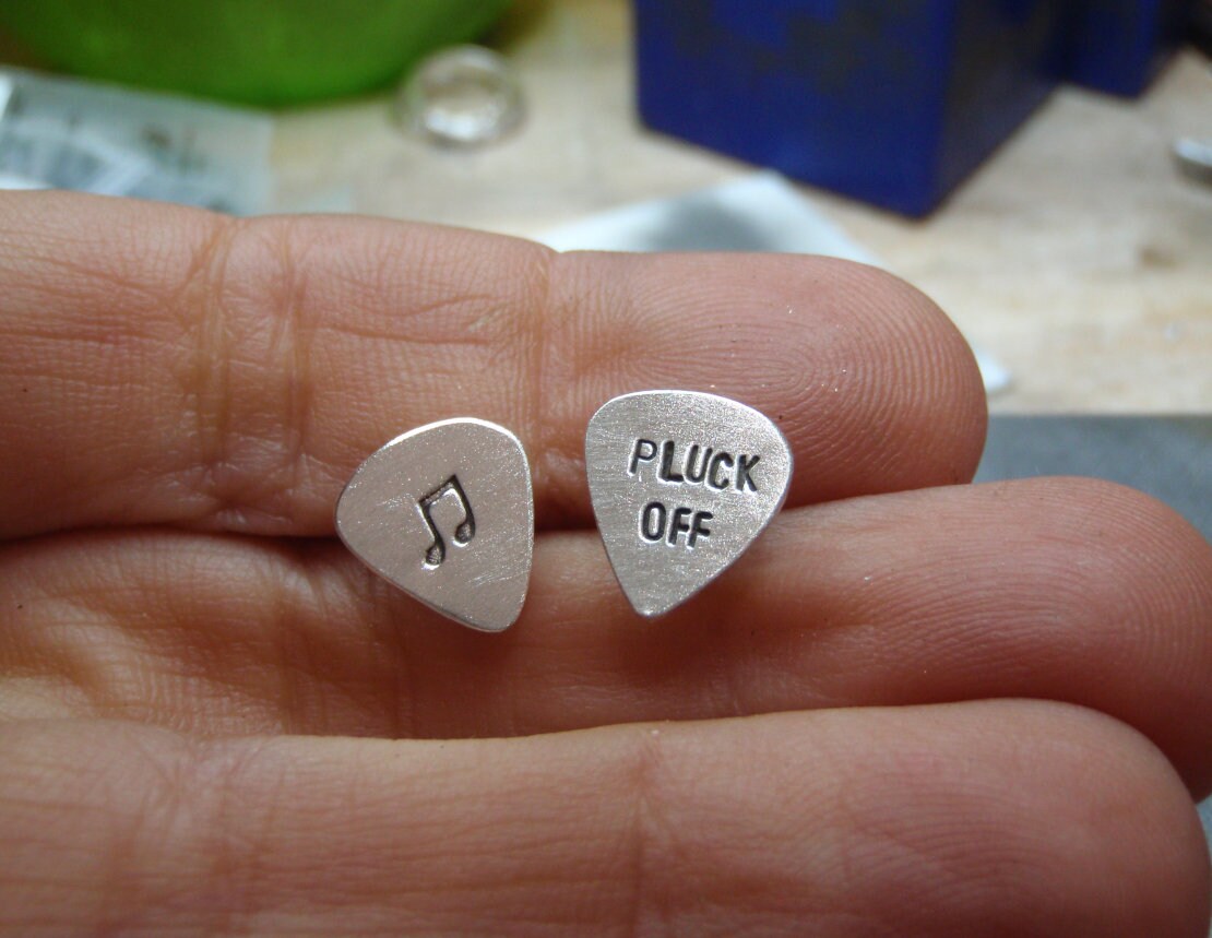 Guitar pick sterling silver stud earrings with pluck off