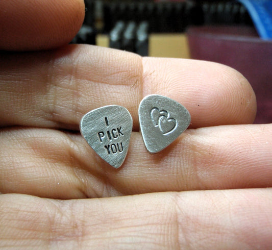 Tiny sterling silver guitar pick stud earrings with i pick you