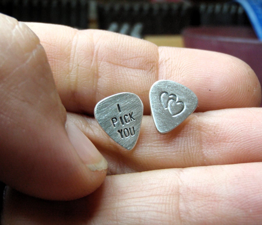 Tiny sterling silver guitar pick stud earrings with i pick you