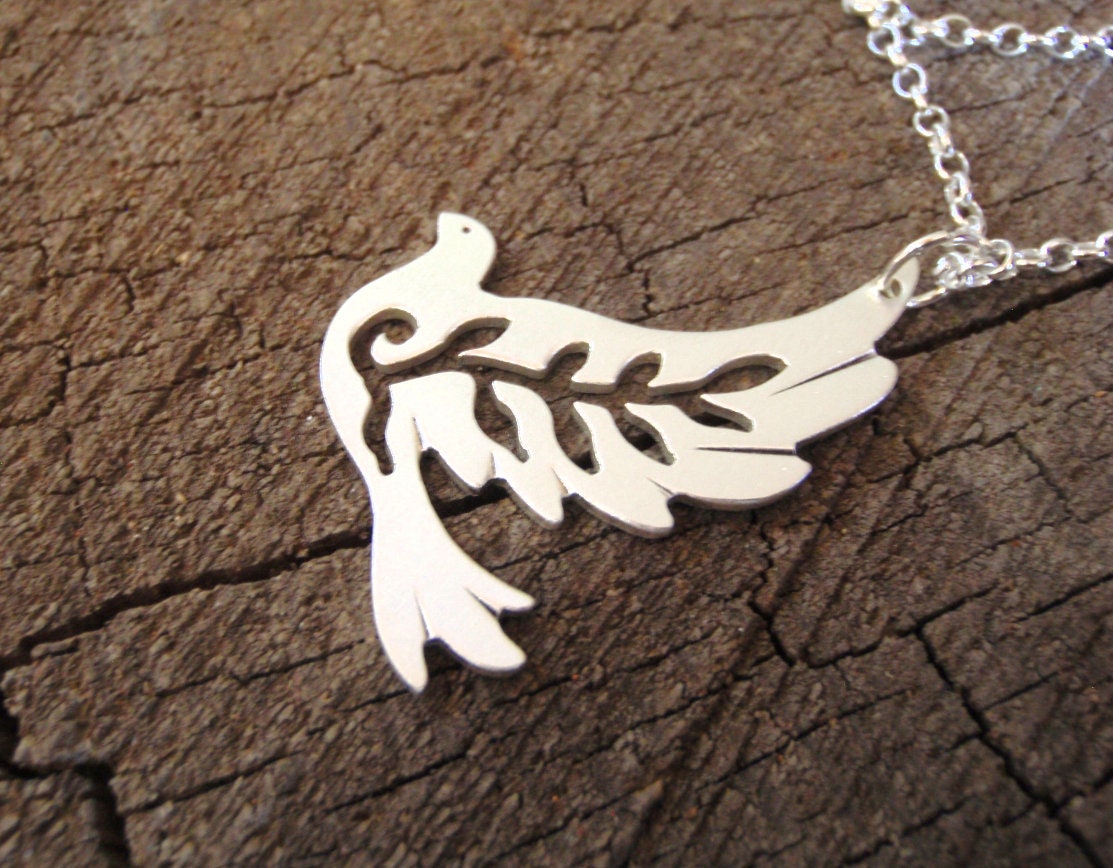 Sterling silver dove necklace with leaves cut out