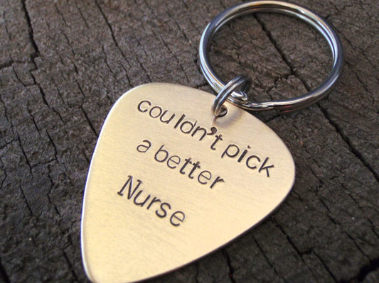 Bronze guitar pick keychain for nurses and nurse appreciation