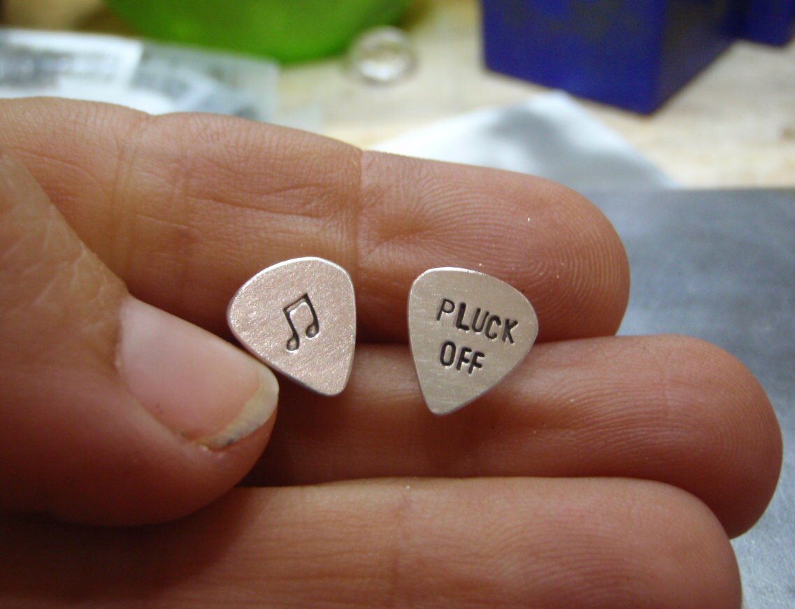 Guitar pick sterling silver stud earrings with pluck off