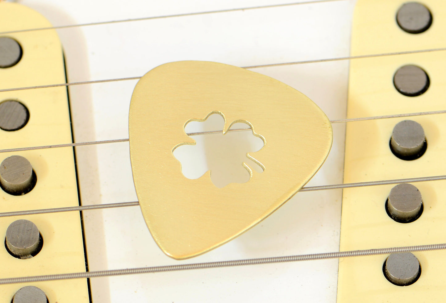 Brass Guitar Pick with Lucky Four Leaf Clover