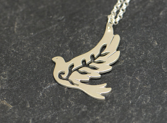 Dove of Peace Sterling Silver Necklace handcrafted in Sterling Silver - 925 Peace Dove with Olive Branch Artisan Necklace for Love and Peace