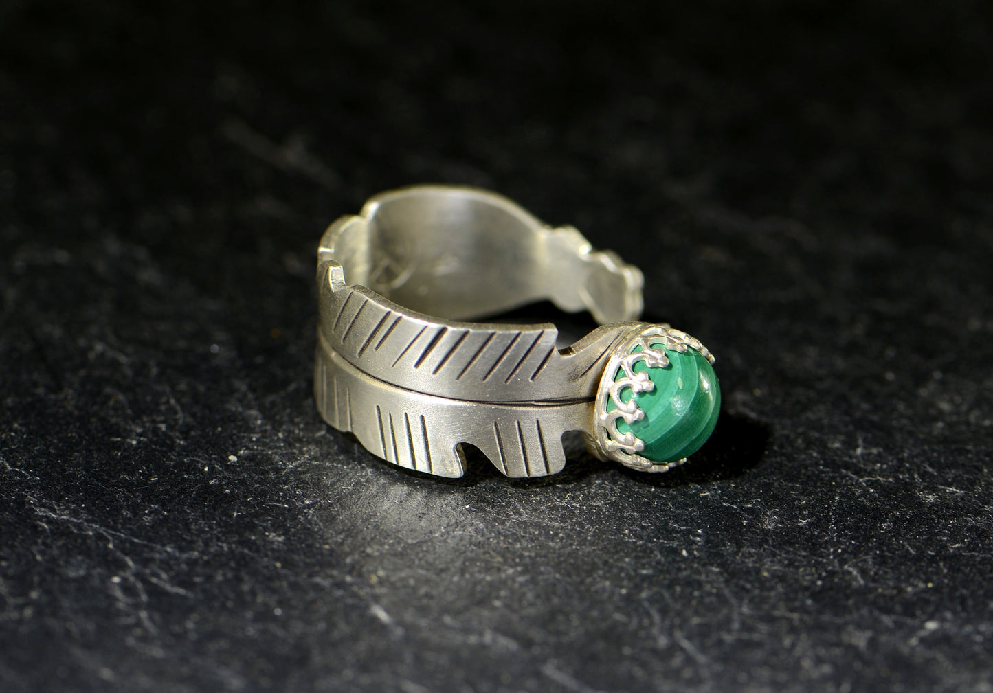 Sterling Silver Feather Wrap Ring with Malachite Stone