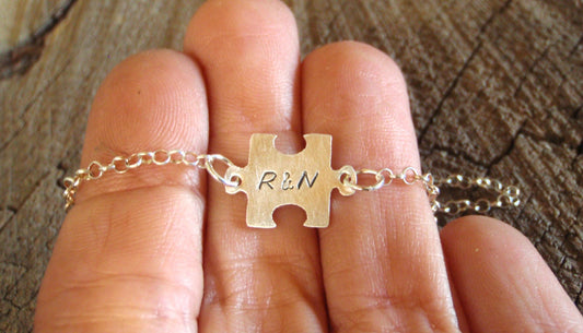 Sterling silver dainty puzzle piece charm bracelet with initials
