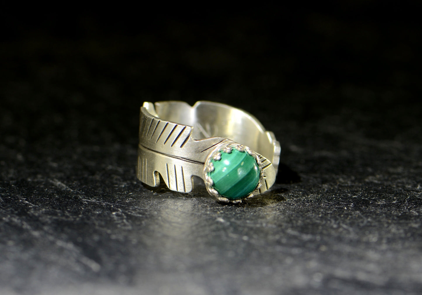 Sterling Silver Feather Wrap Ring with Malachite Stone