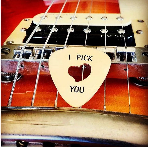 I Pick You bronze guitar pick with heart cutout