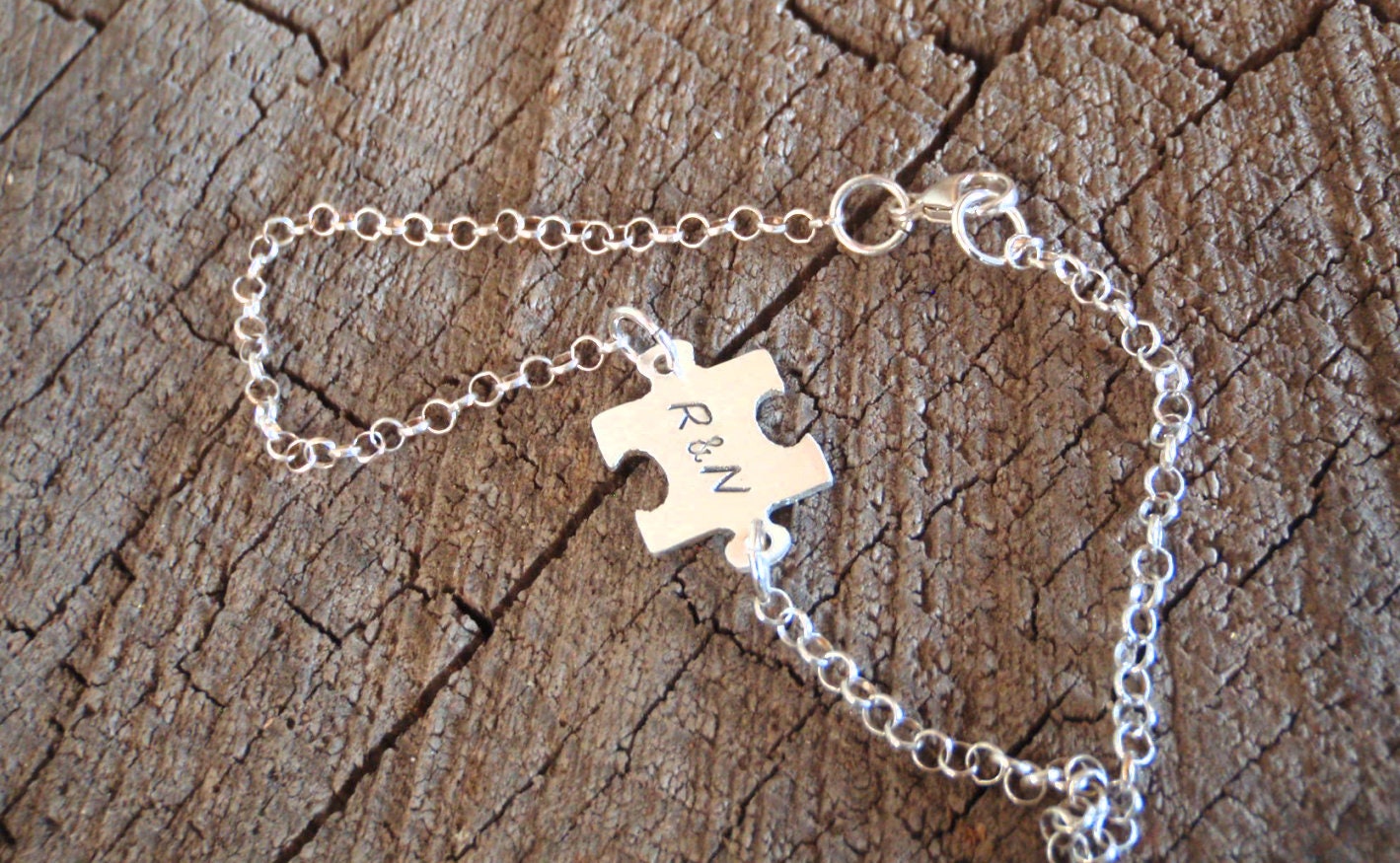 Sterling silver dainty puzzle piece charm bracelet with initials