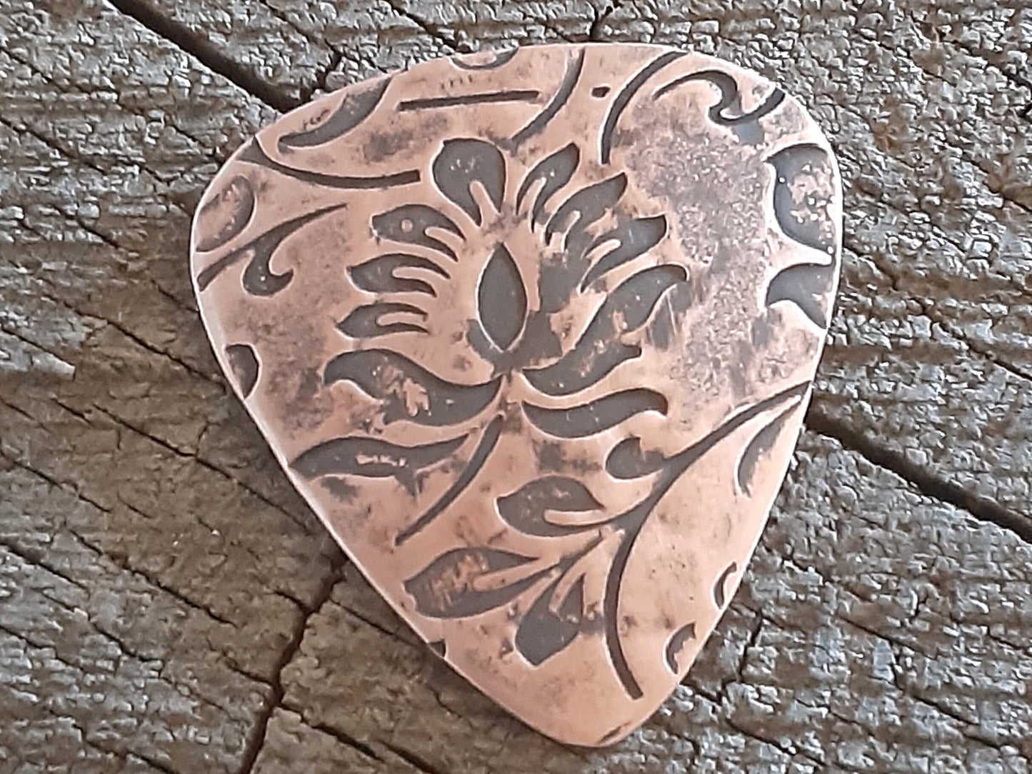 Floral Themed Hammered Copper Guitar Pick