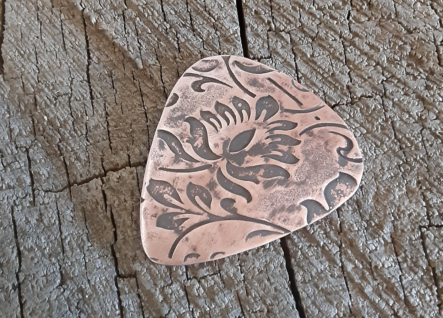Floral Themed Hammered Copper Guitar Pick