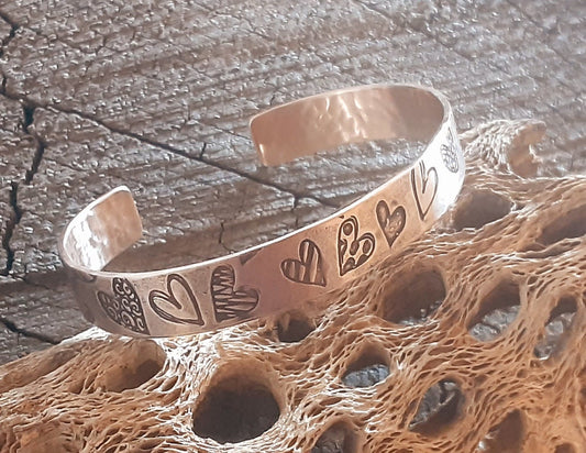 Bronze distressed and rustic hearts cuff bracelet