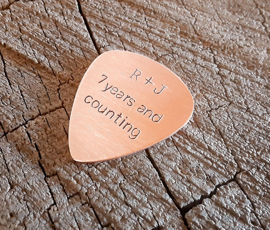 Playable copper guitar pick with your initials and message