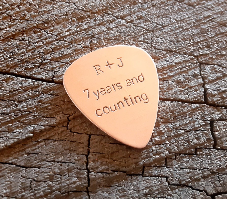Playable copper guitar pick with your initials and message