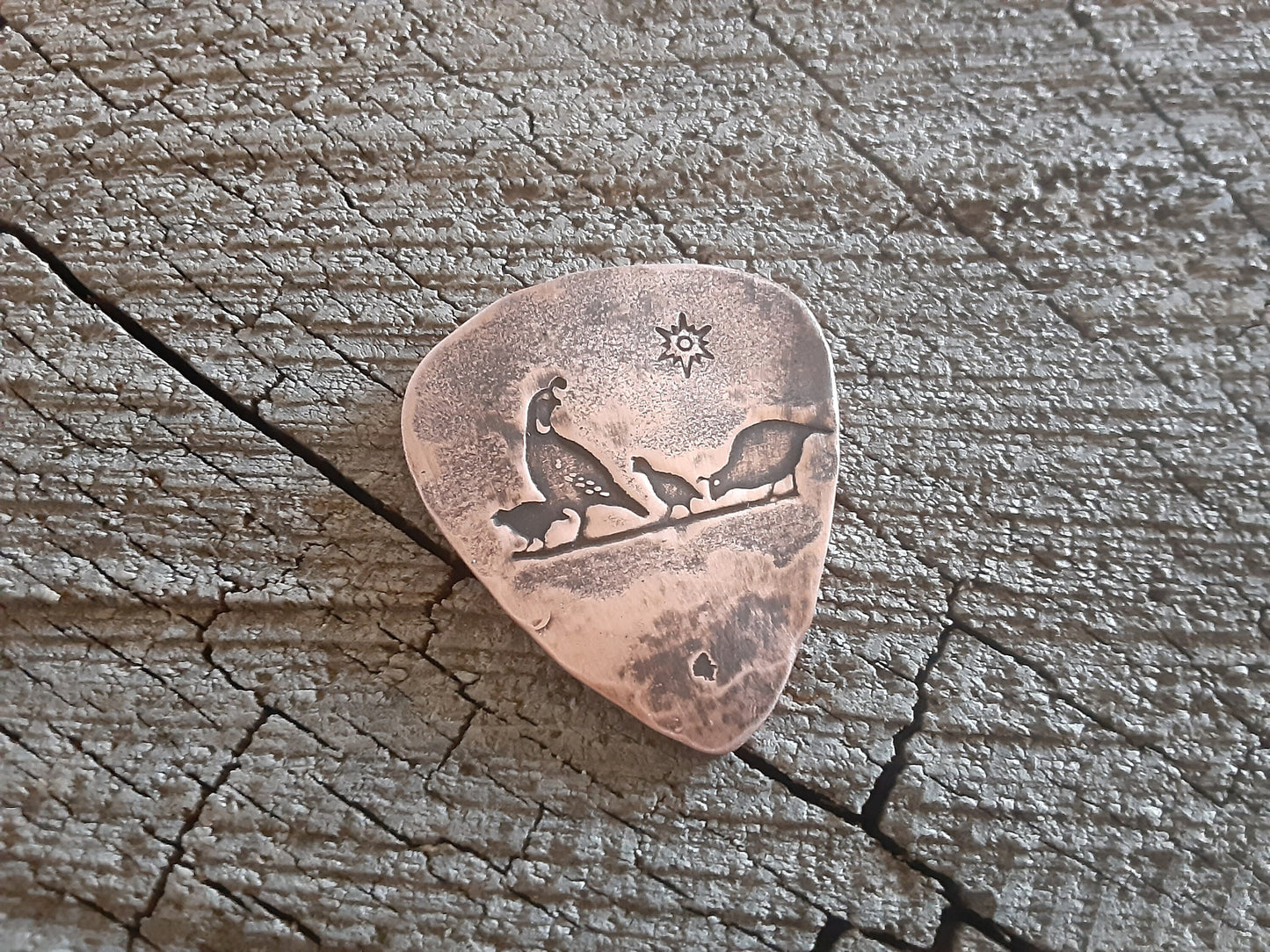 Guitar pick desert quail on copper guitar pick