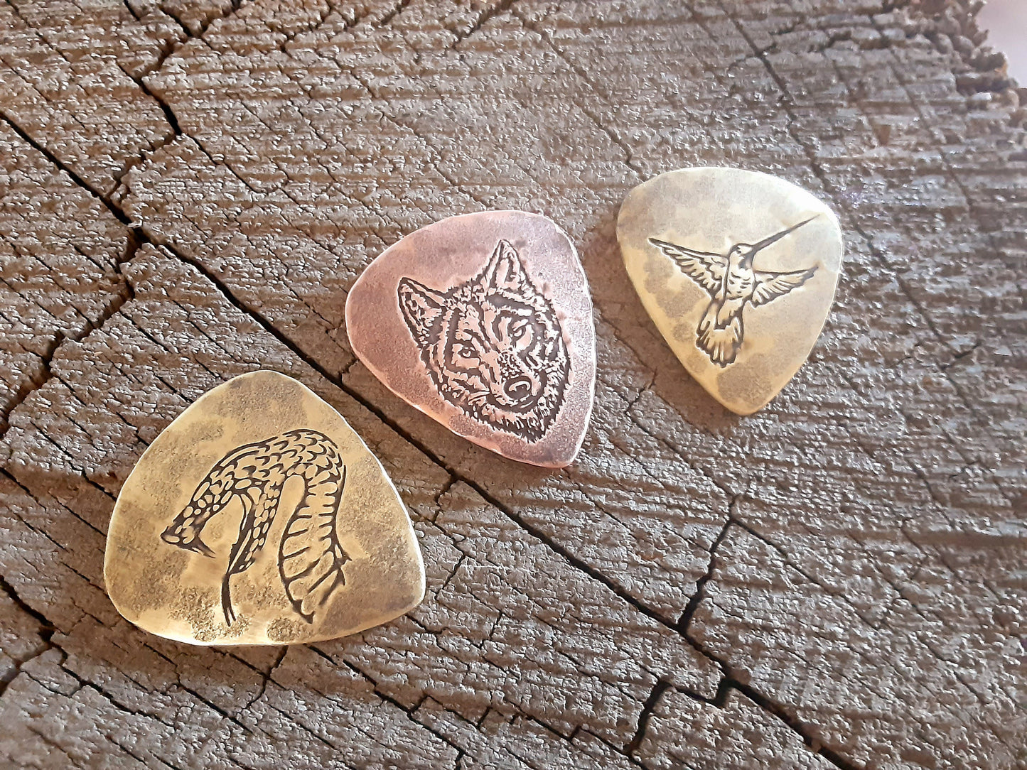 Set of 3 metal playable guitar picks - 2 brass guitar picks an 1 copper guitar pick