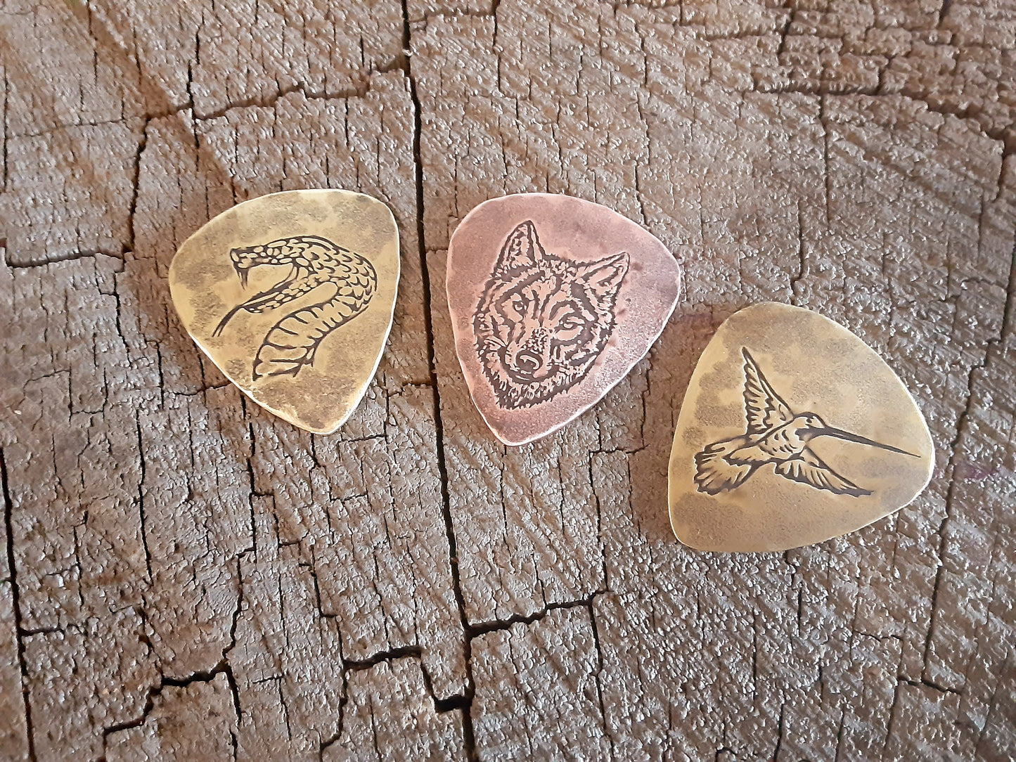 Set of 3 metal playable guitar picks - 2 brass guitar picks an 1 copper guitar pick