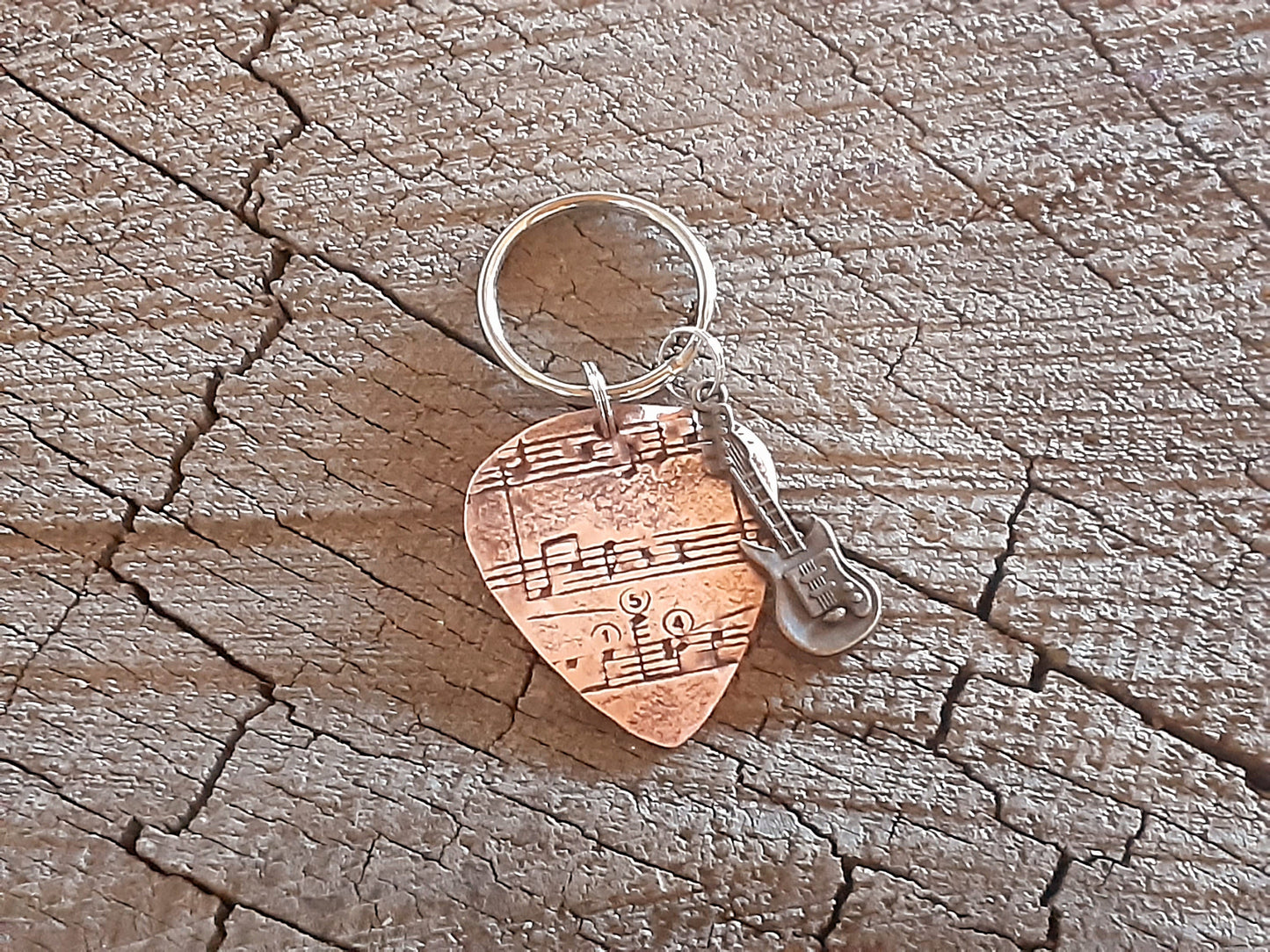 Copper guitar pick music note key chain and small brass guitar charm