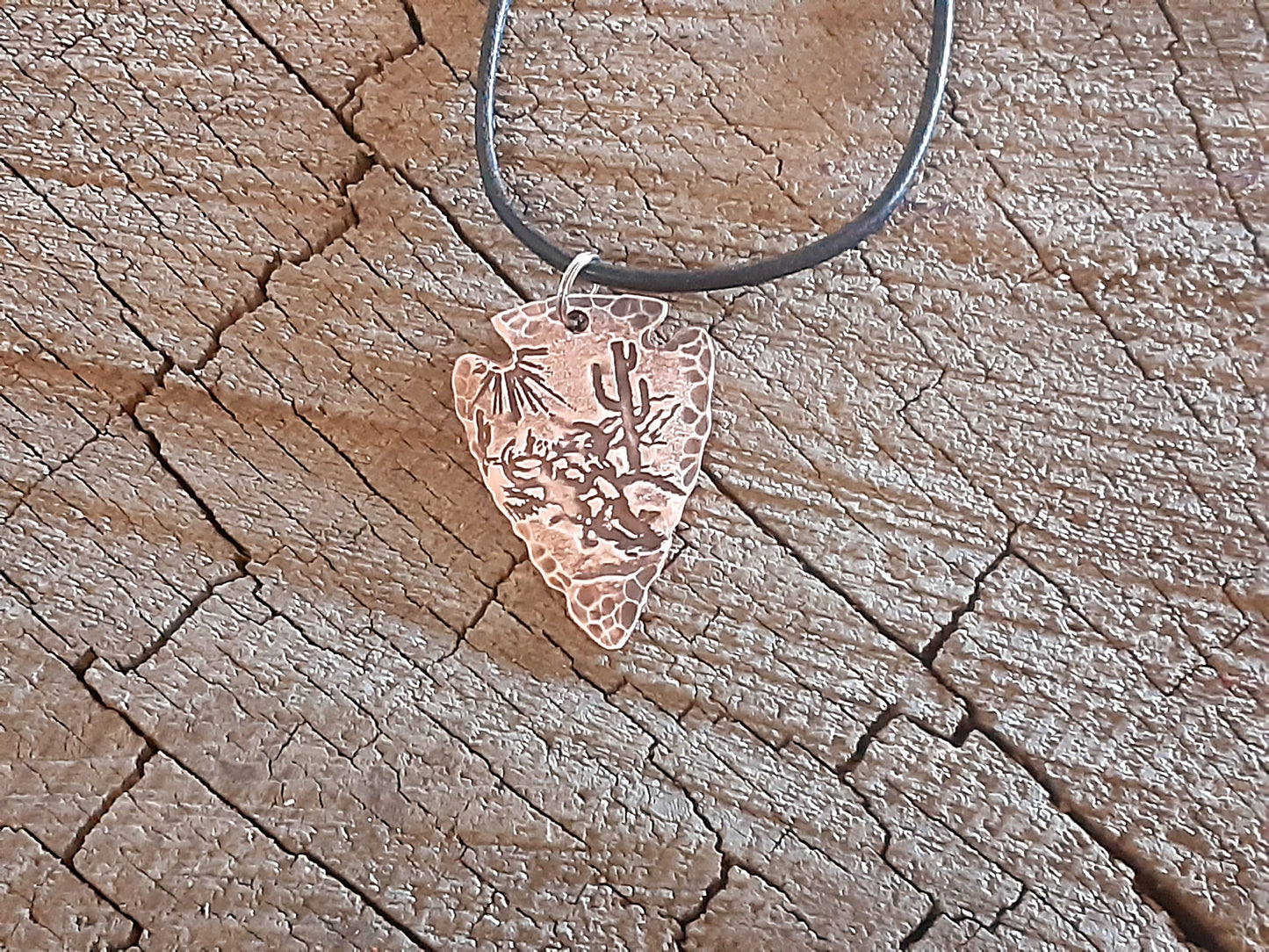 copper arrowhead necklace with desert scene - hammered and rustic finish - mens gift - mens jewelry