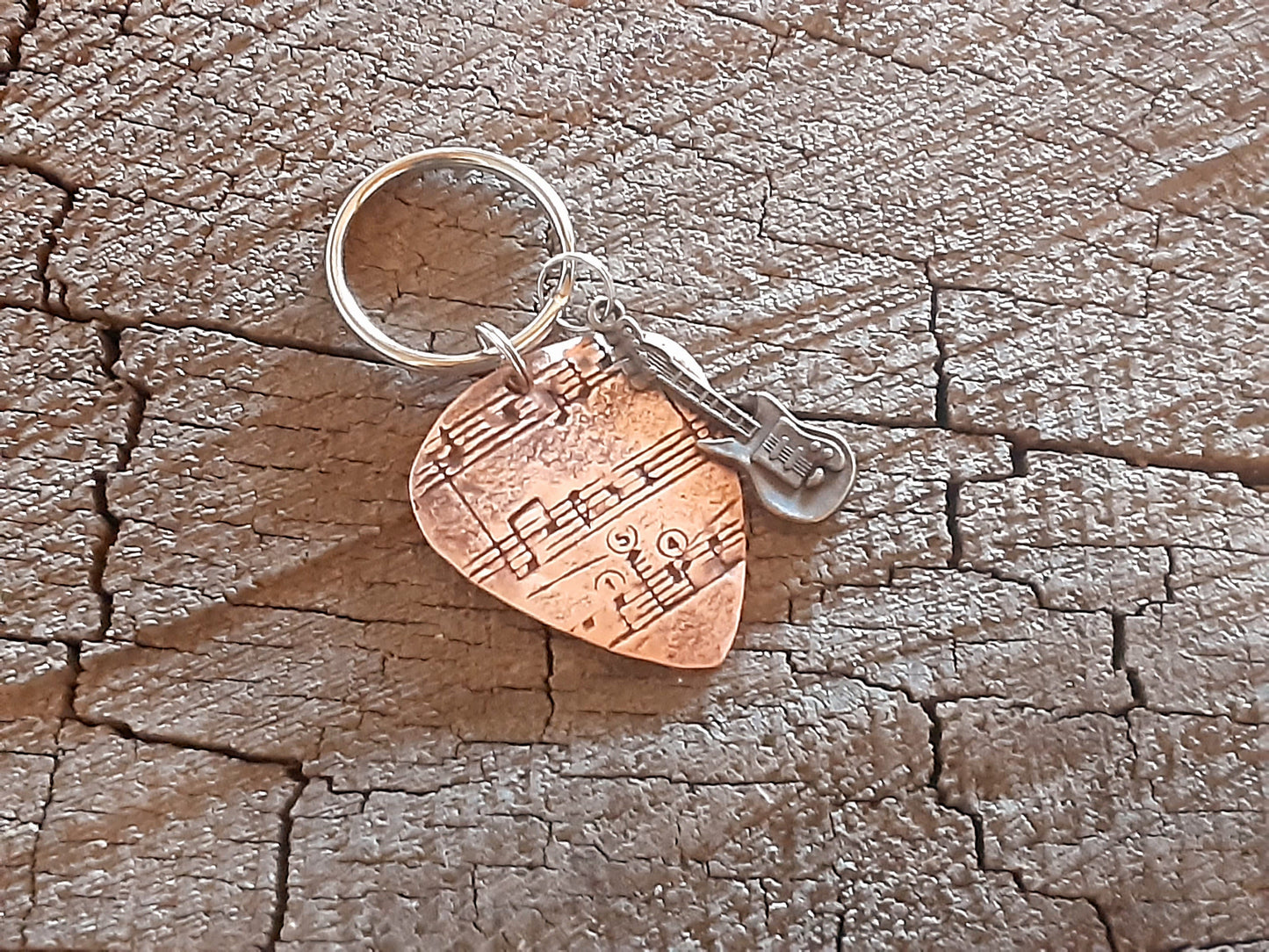 Copper guitar pick music note key chain and small brass guitar charm