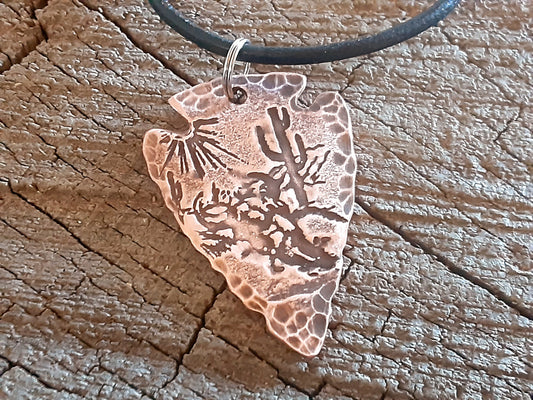 copper arrowhead necklace with desert scene - hammered and rustic finish - mens gift - mens jewelry