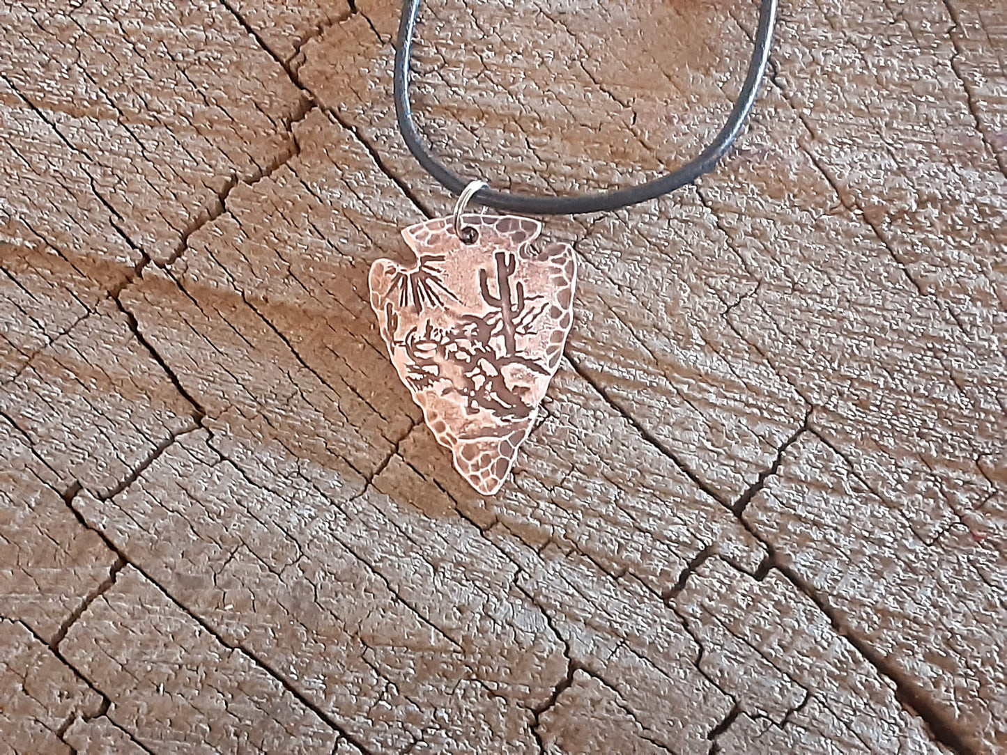 copper arrowhead necklace with desert scene - hammered and rustic finish - mens gift - mens jewelry