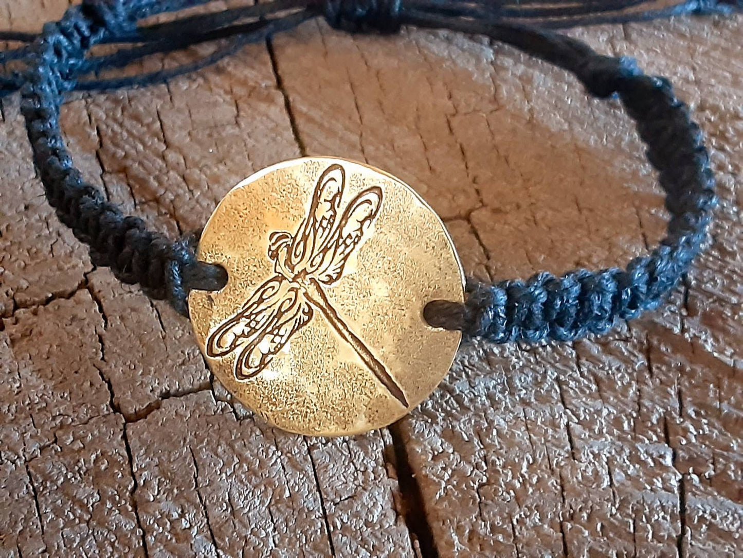 Black hemp bracelet with brass dragonfly