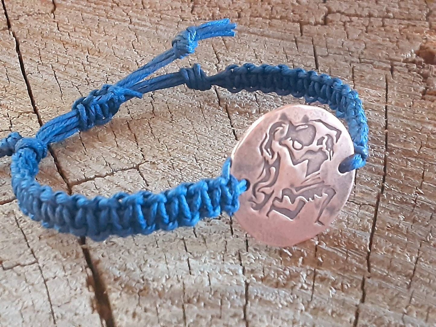 Aquarius or custom zodiac sign on copper tag bracelet with woven hemp bracelet