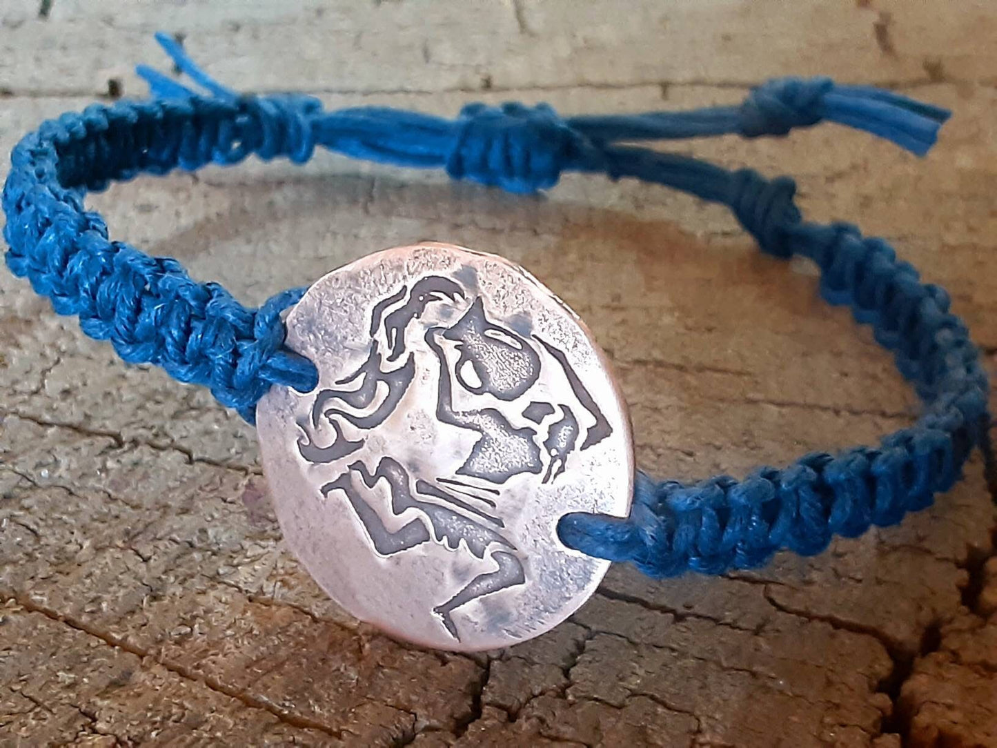 Aquarius or custom zodiac sign on copper tag bracelet with woven hemp bracelet