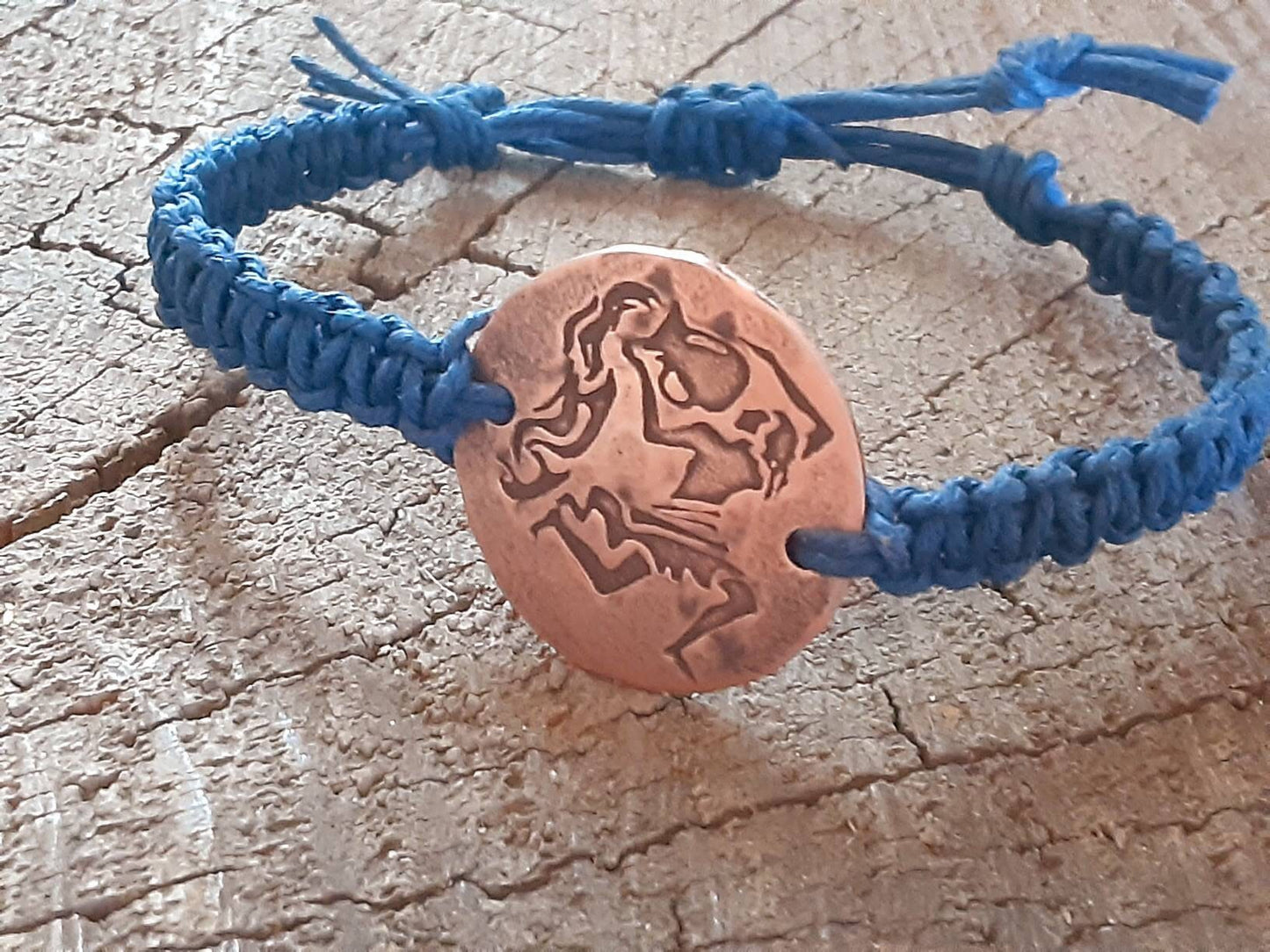 Aquarius or custom zodiac sign on copper tag bracelet with woven hemp bracelet