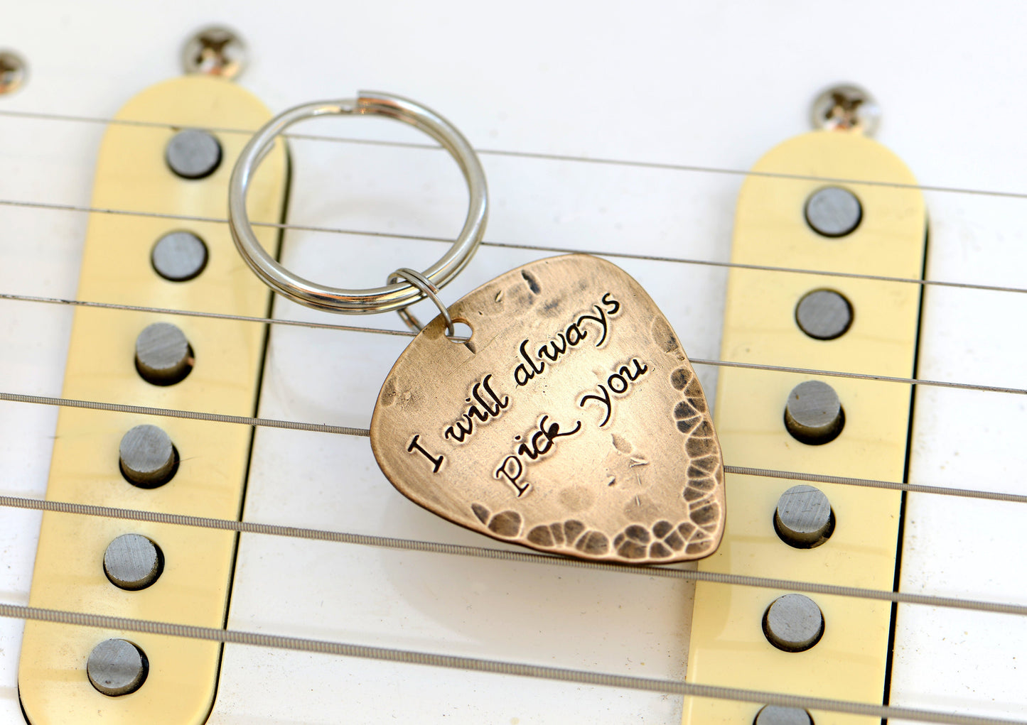 I will always pick you guitar pick with rustic patina on bronze