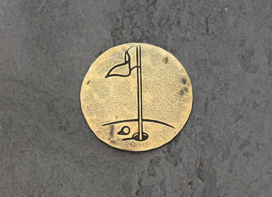 Golf Ball Marker in Bronze with Rustic Hole and Flag
