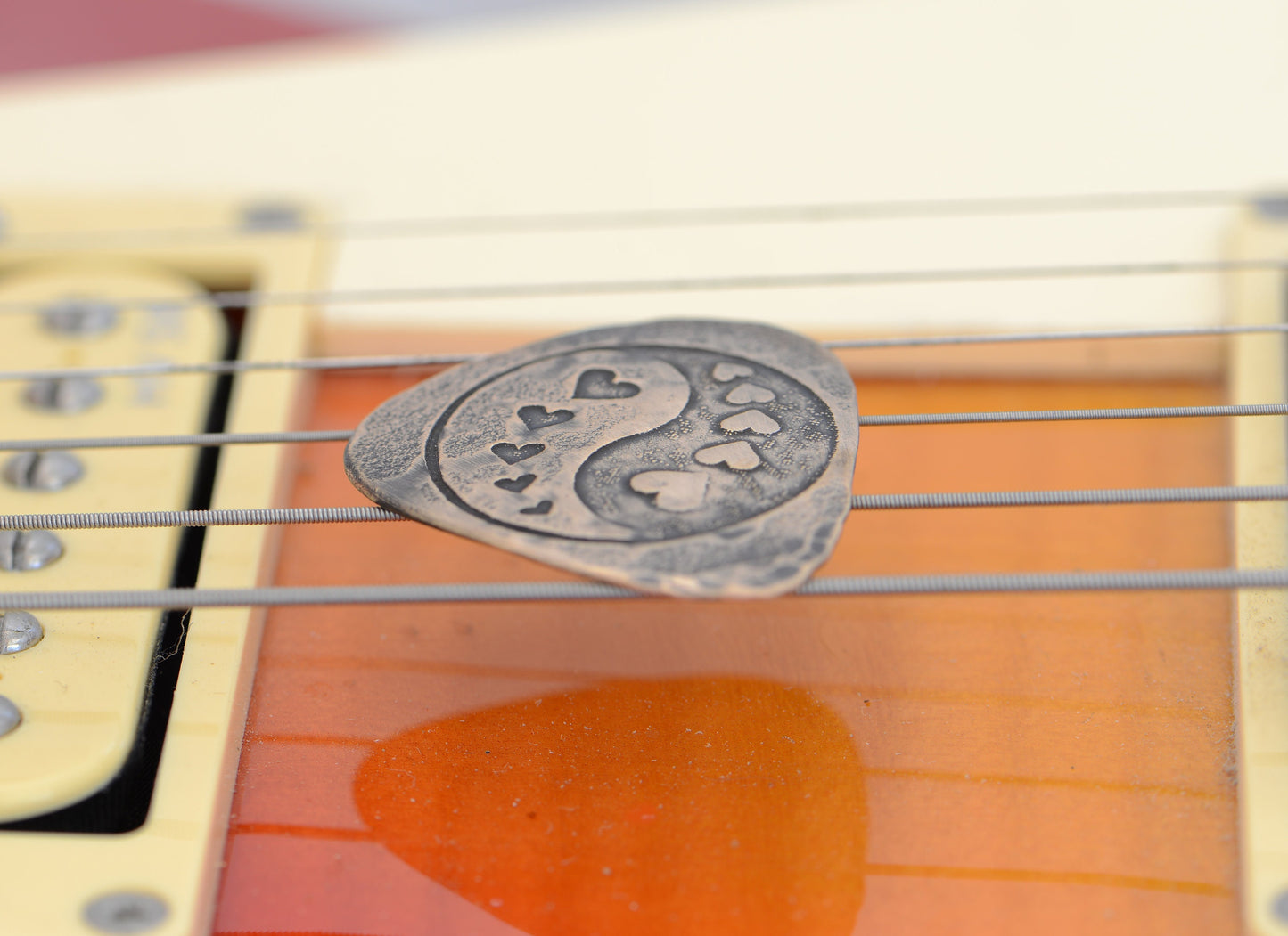 Copper Guitar Pick with Yin Yang and Hearts